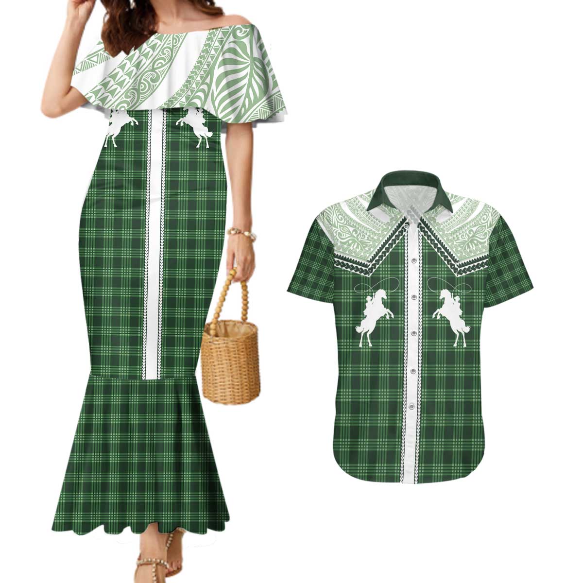 Aloha Hawaii Cowboys Paniolo Couples Matching Mermaid Dress and Hawaiian Shirt Forest Green Palaka - Polynesian Pride