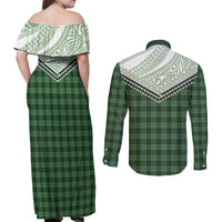 Aloha Hawaii Cowboys Paniolo Couples Matching Off Shoulder Maxi Dress and Long Sleeve Button Shirt Forest Green Palaka - Polynesian Pride