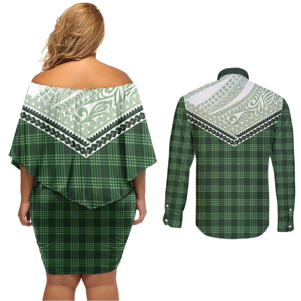 Aloha Hawaii Cowboys Paniolo Couples Matching Off Shoulder Short Dress and Long Sleeve Button Shirt Forest Green Palaka - Polynesian Pride