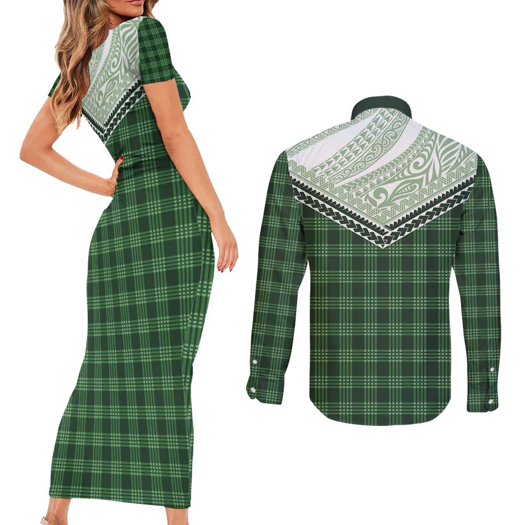 Aloha Hawaii Cowboys Paniolo Couples Matching Short Sleeve Bodycon Dress and Long Sleeve Button Shirt Forest Green Palaka - Polynesian Pride