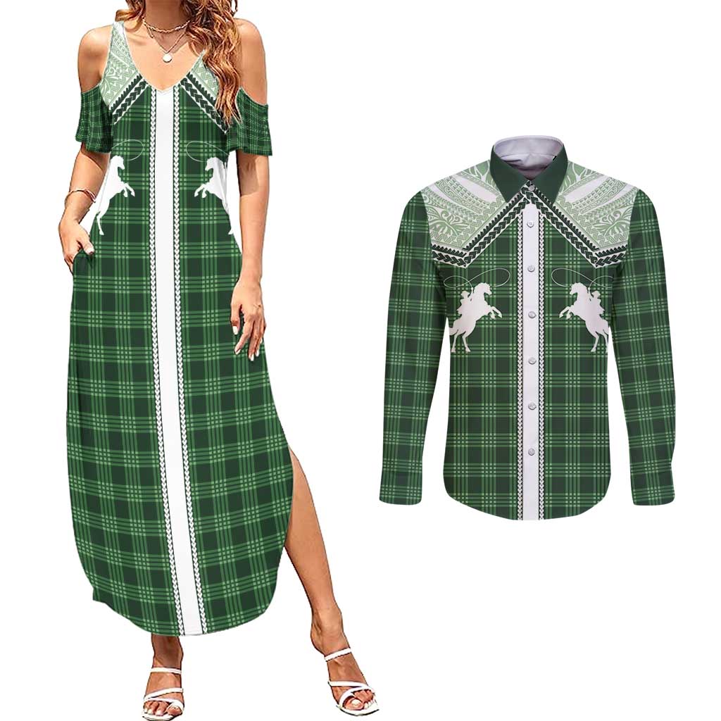 Aloha Hawaii Cowboys Paniolo Couples Matching Summer Maxi Dress and Long Sleeve Button Shirt Forest Green Palaka - Polynesian Pride