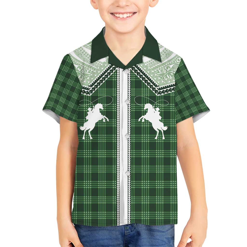 Aloha Hawaii Cowboys Paniolo Family Matching Long Sleeve Bodycon Dress and Hawaiian Shirt Forest Green Palaka - Polynesian Pride