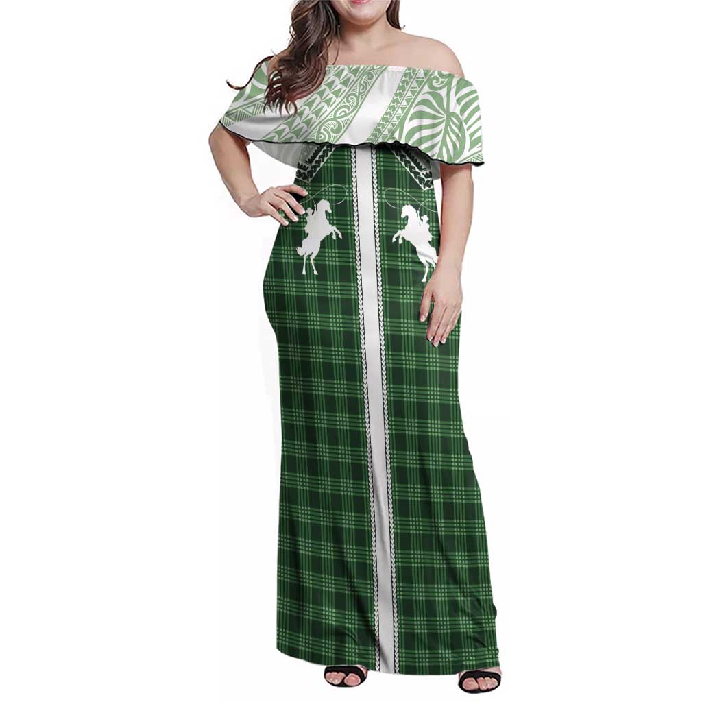 Aloha Hawaii Cowboys Paniolo Family Matching Off Shoulder Maxi Dress and Hawaiian Shirt Forest Green Palaka - Polynesian Pride