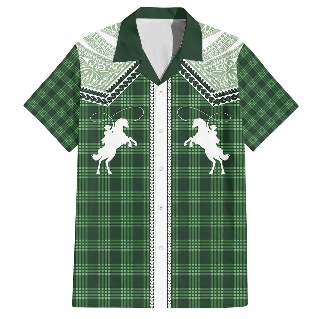 Aloha Hawaii Cowboys Paniolo Family Matching Off Shoulder Short Dress and Hawaiian Shirt Forest Green Palaka - Polynesian Pride