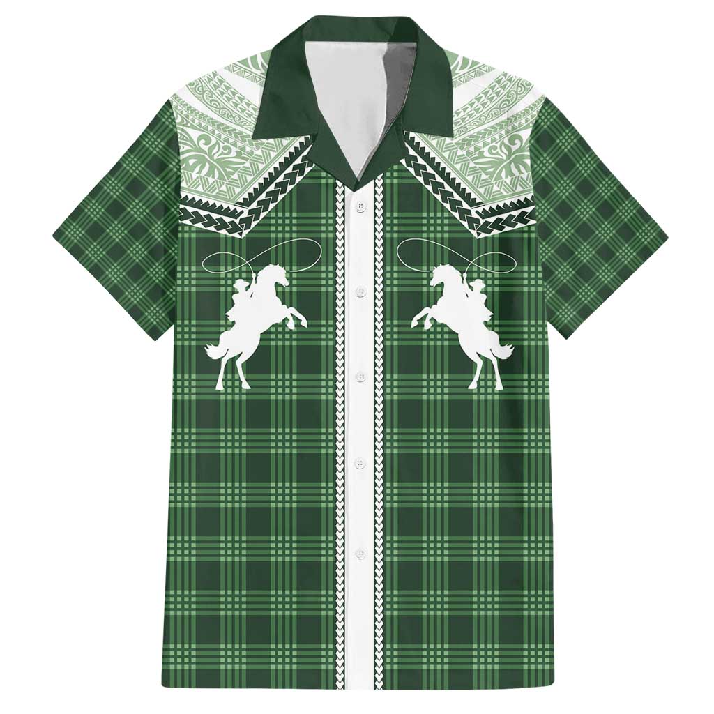 Aloha Hawaii Cowboys Paniolo Family Matching Short Sleeve Bodycon Dress and Hawaiian Shirt Forest Green Palaka - Polynesian Pride