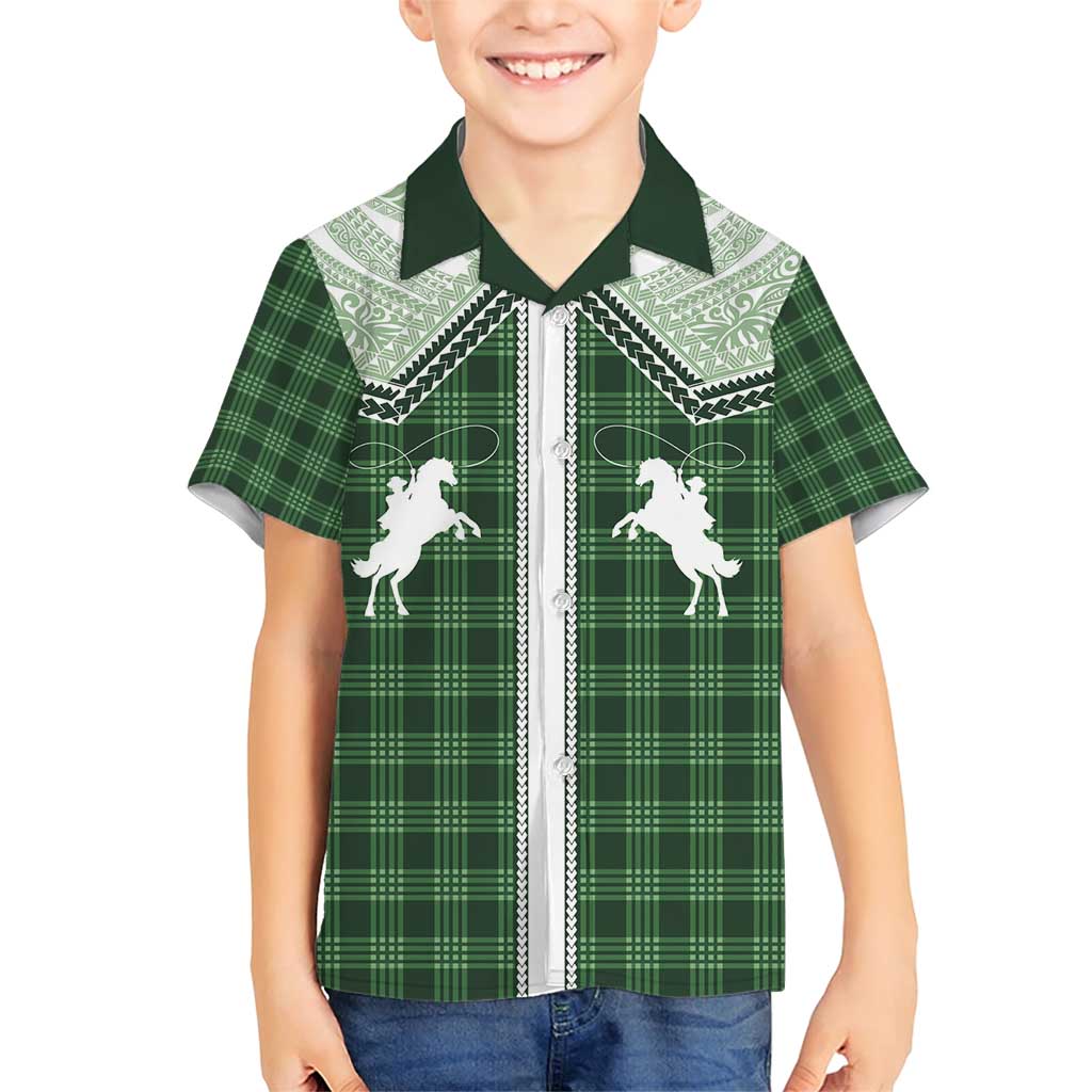 Aloha Hawaii Cowboys Paniolo Family Matching Short Sleeve Bodycon Dress and Hawaiian Shirt Forest Green Palaka - Polynesian Pride