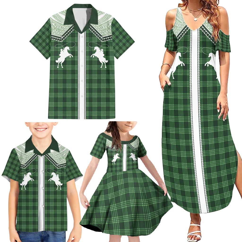 Aloha Hawaii Cowboys Paniolo Family Matching Summer Maxi Dress and Hawaiian Shirt Forest Green Palaka - Polynesian Pride