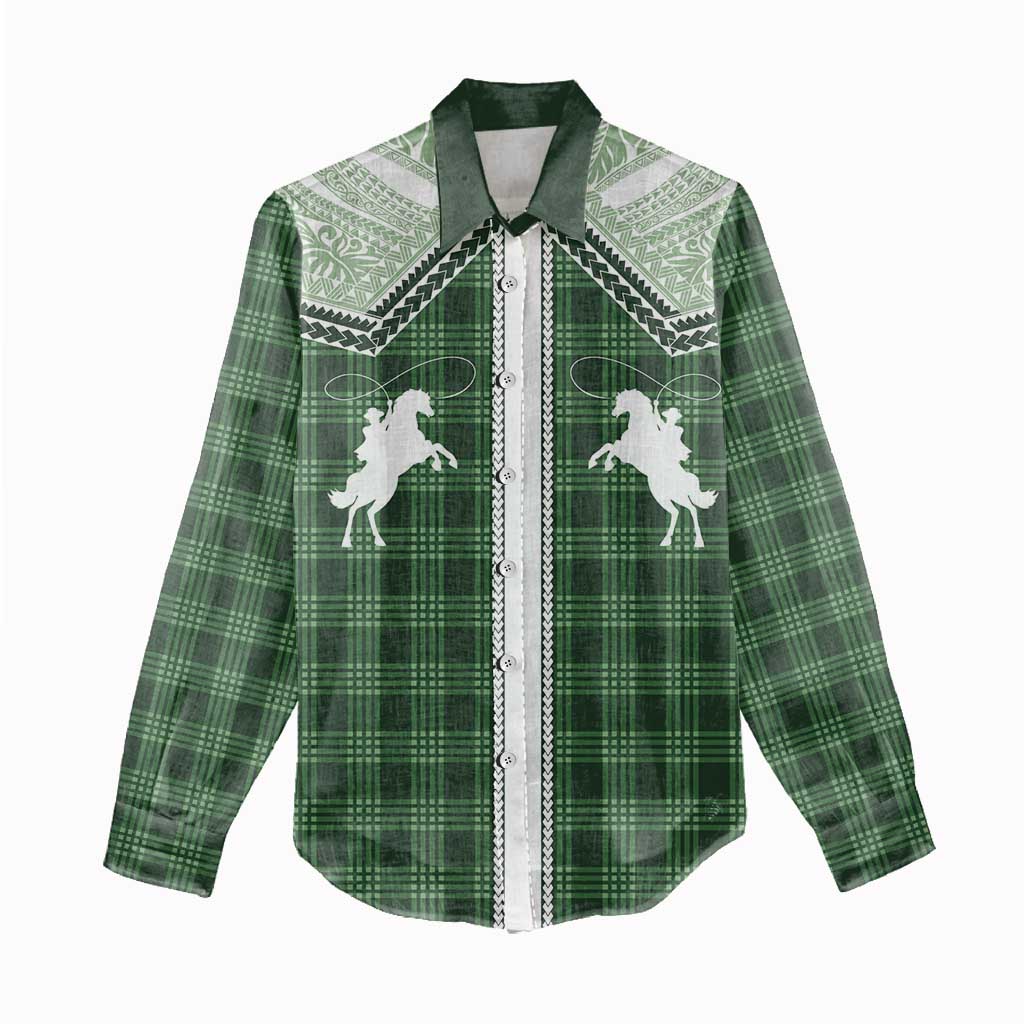Aloha Hawaii Cowboys Paniolo Women Casual Shirt Forest Green Palaka - Polynesian Pride