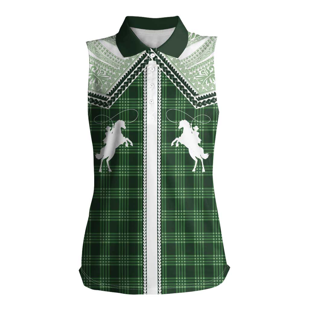 Aloha Hawaii Cowboys Paniolo Women Sleeveless Polo Shirt Forest Green Palaka - Polynesian Pride