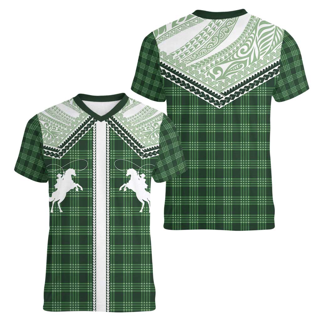 Aloha Hawaii Cowboys Paniolo Women V-Neck T-Shirt Forest Green Palaka - Polynesian Pride