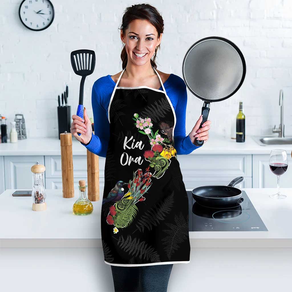 Kia Ora New Zealand Floral Apron Black - Polynesian Pride