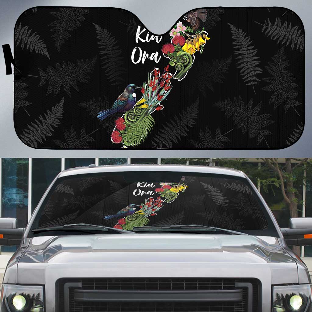 Kia Ora New Zealand Floral Auto Sun Shade Black - Polynesian Pride