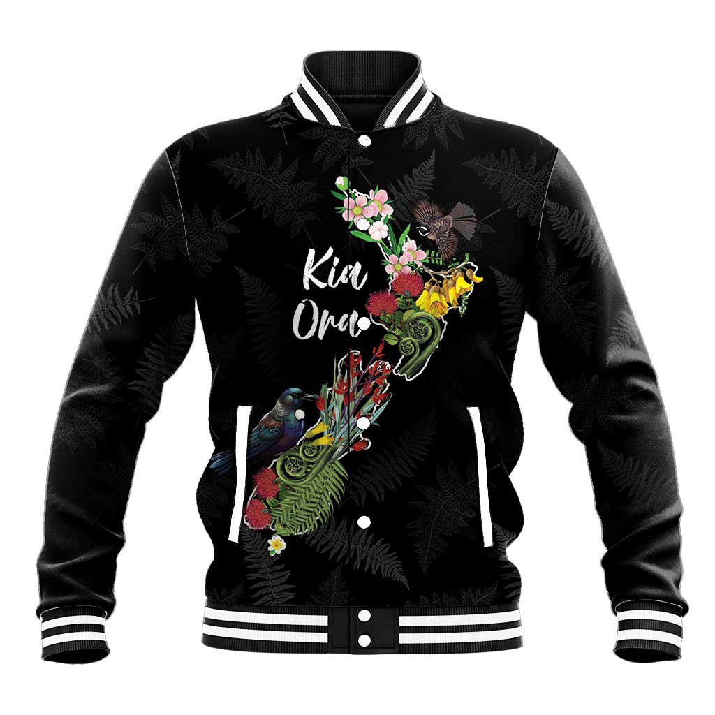 Kia Ora New Zealand Floral Personalized Baseball Jacket Black - Polynesian Pride
