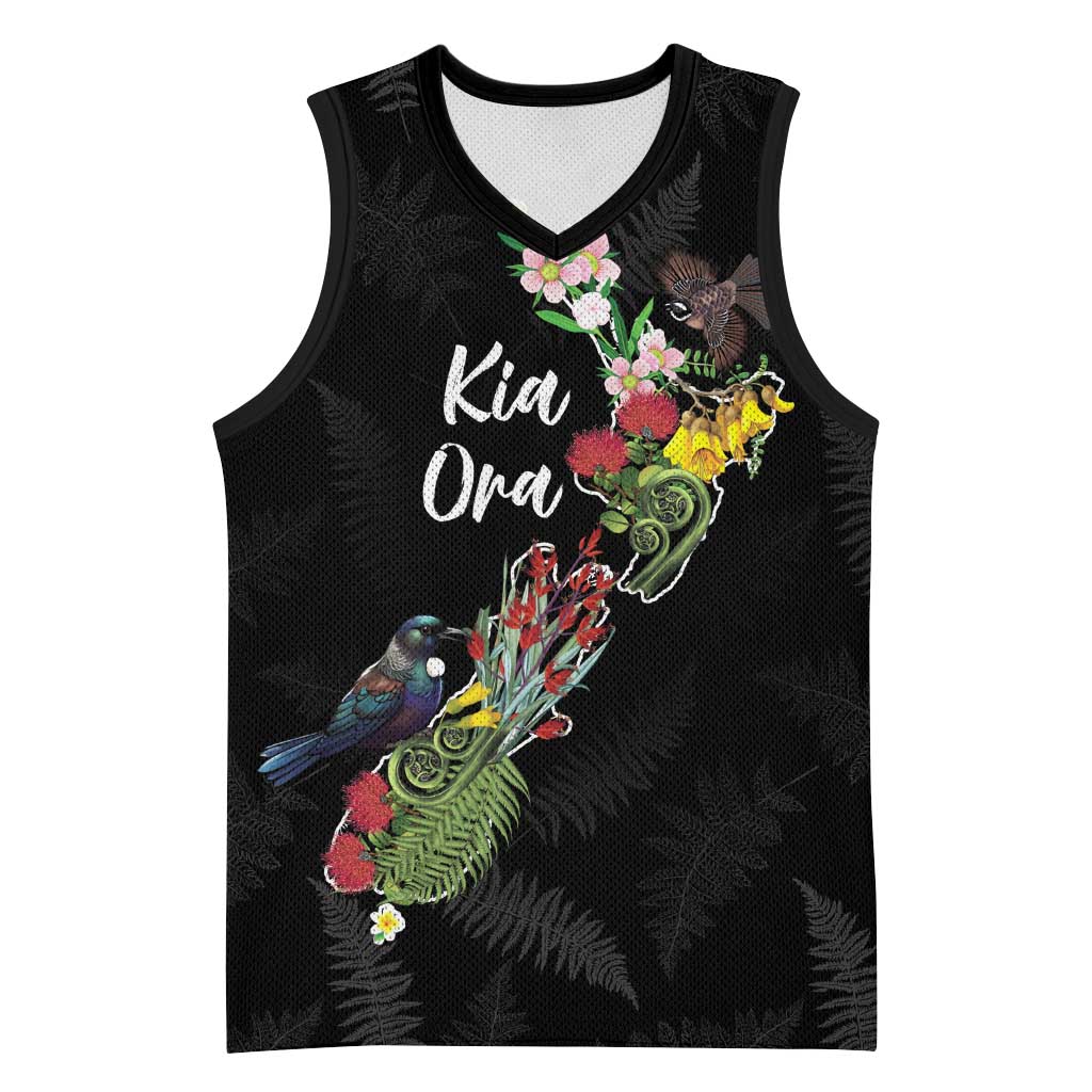 Kia Ora New Zealand Floral Personalized Basketball Jersey Black - Polynesian Pride