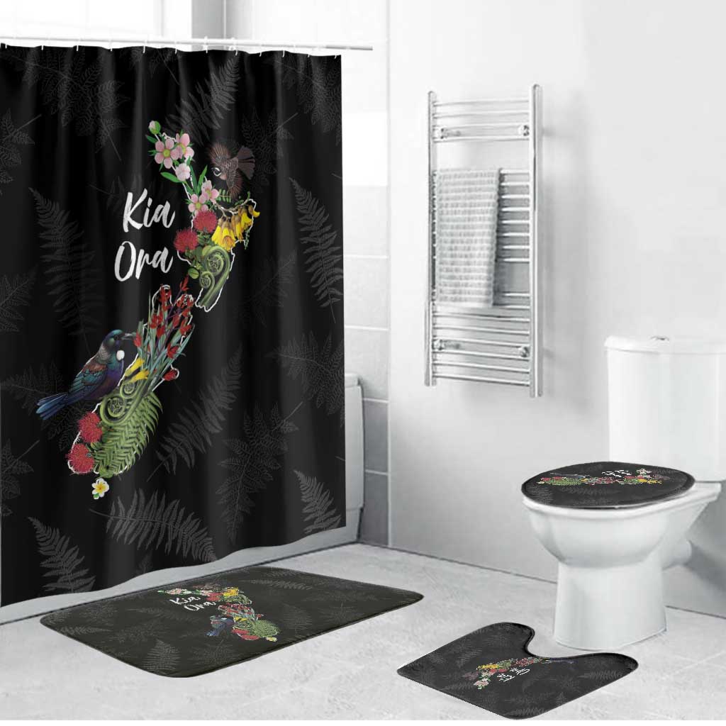 Kia Ora New Zealand Floral Bathroom Set Black - Polynesian Pride