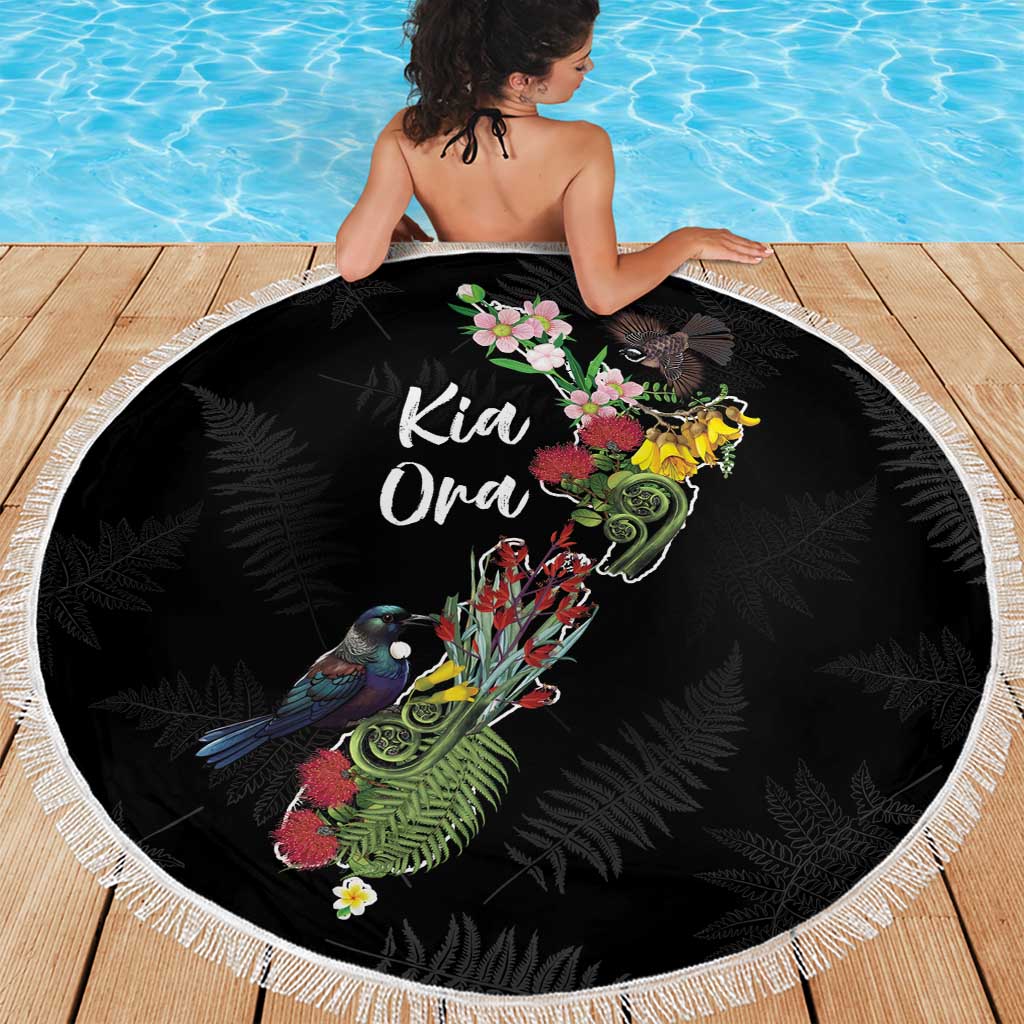 Kia Ora New Zealand Floral Beach Blanket Black - Polynesian Pride