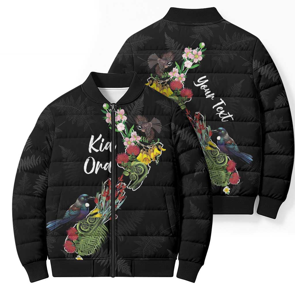 Kia Ora New Zealand Floral Personalized Bomber Puffer Jacket Black - Polynesian Pride
