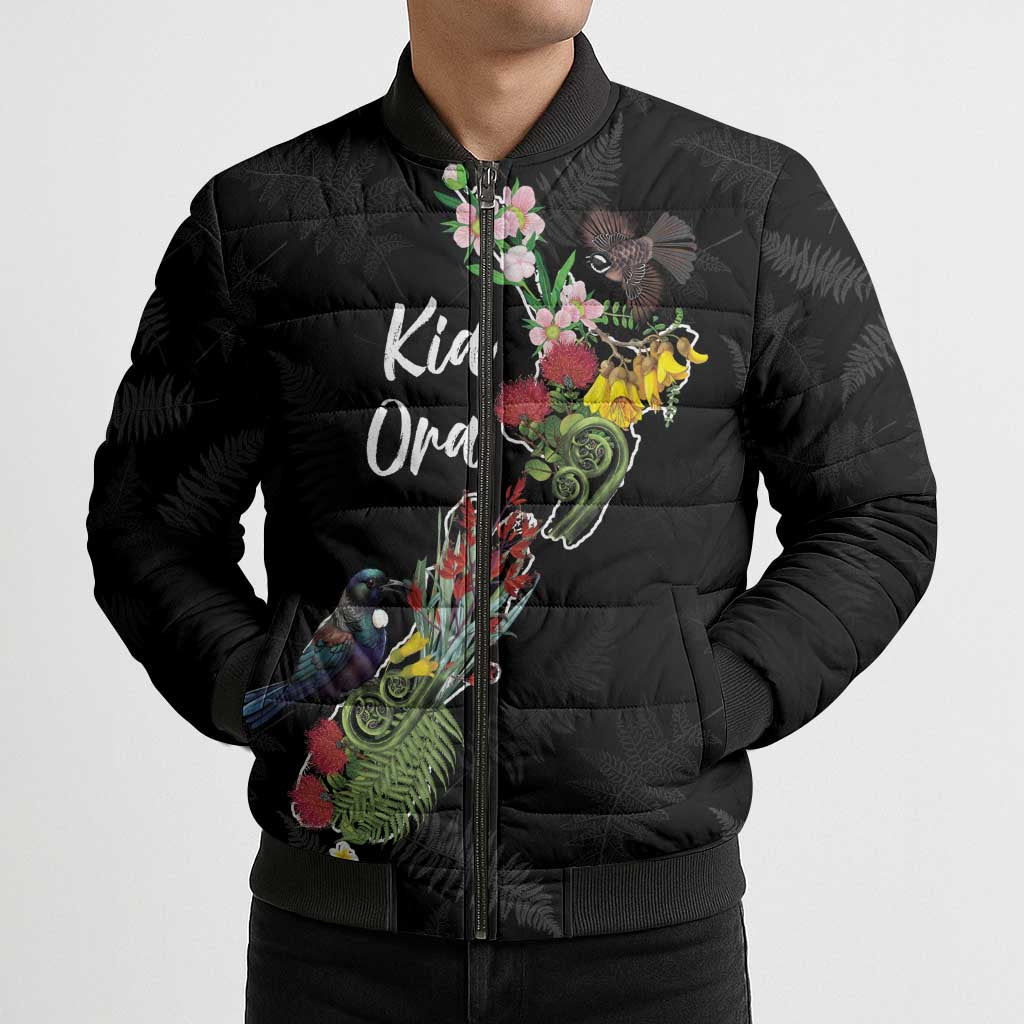 Kia Ora New Zealand Floral Personalized Bomber Puffer Jacket Black - Polynesian Pride