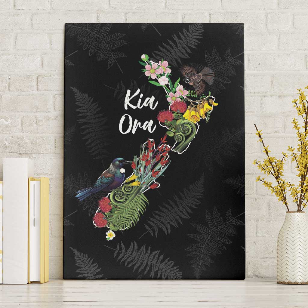 Kia Ora New Zealand Floral Canvas Wall Art Black - Polynesian Pride