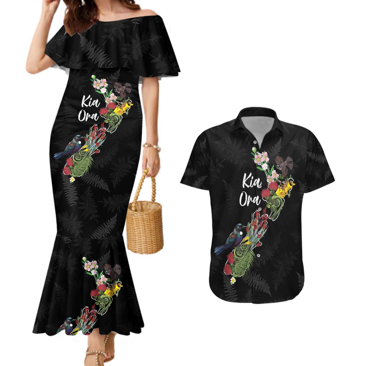 Kia Ora New Zealand Floral Personalized Couples Matching Mermaid Dress and Hawaiian Shirt Black - Polynesian Pride