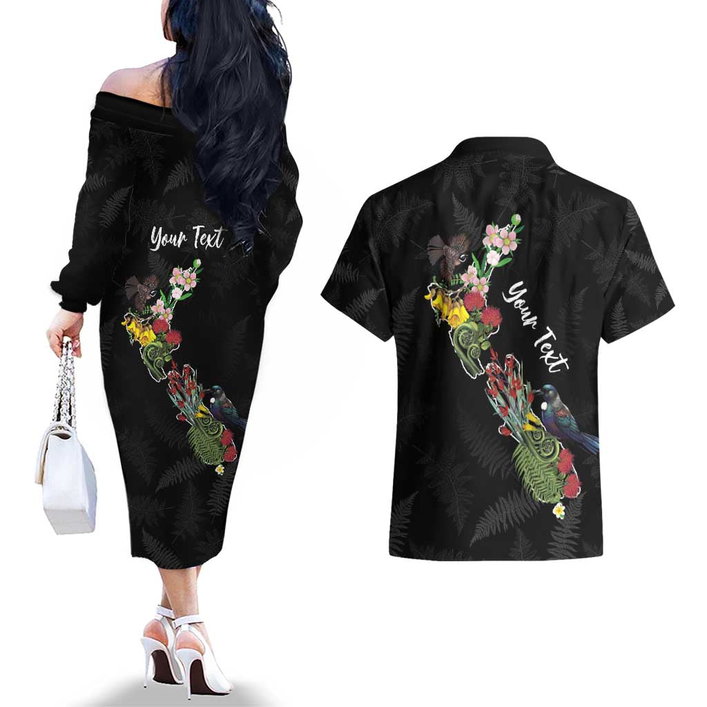 Kia Ora New Zealand Floral Personalized Couples Matching Off The Shoulder Long Sleeve Dress and Hawaiian Shirt Black - Polynesian Pride