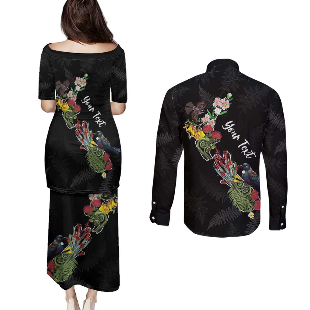 Kia Ora New Zealand Floral Personalized Couples Matching Puletasi and Long Sleeve Button Shirt Black - Polynesian Pride