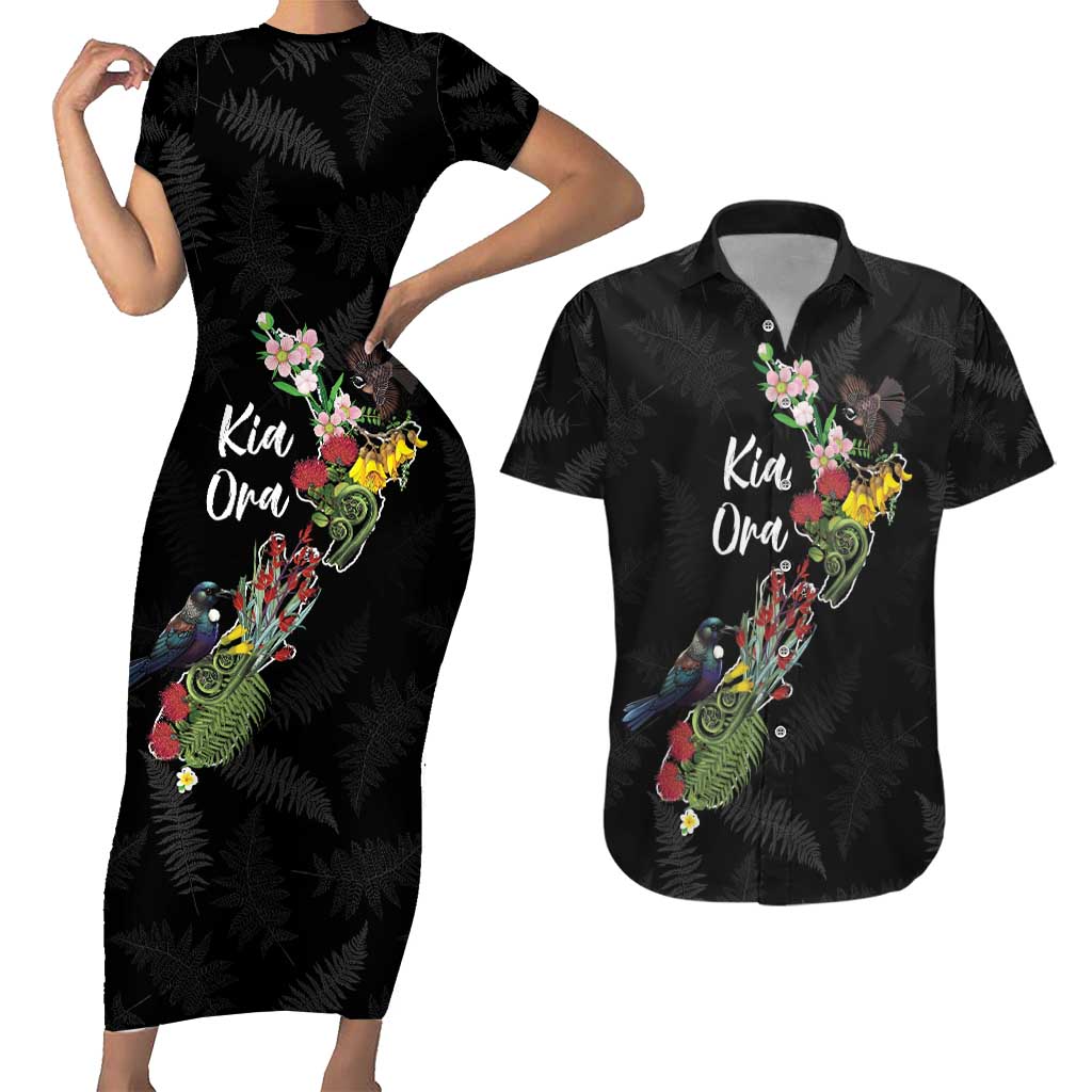 Kia Ora New Zealand Floral Personalized Couples Matching Short Sleeve Bodycon Dress and Hawaiian Shirt Black - Polynesian Pride