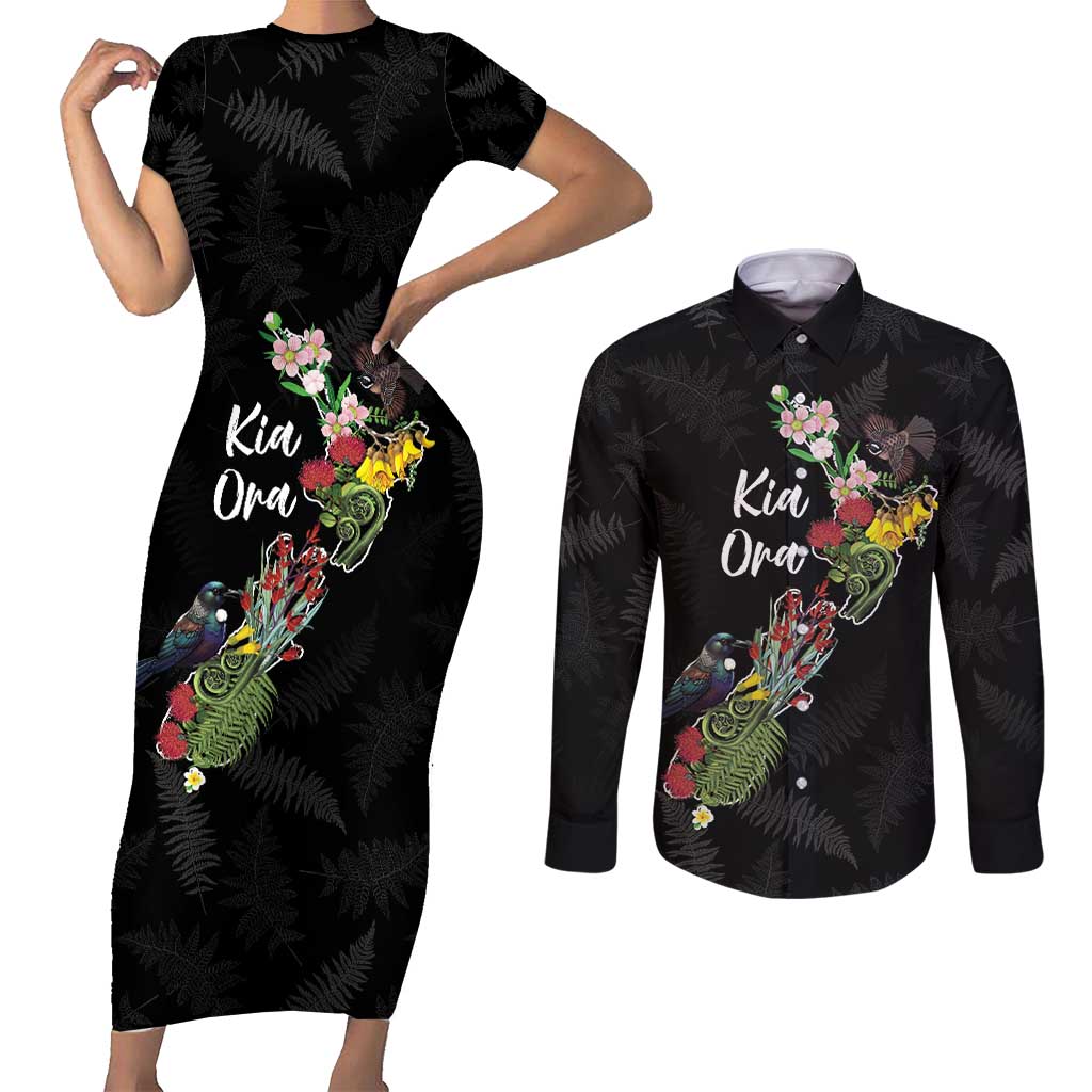 Kia Ora New Zealand Floral Personalized Couples Matching Short Sleeve Bodycon Dress and Long Sleeve Button Shirt Black - Polynesian Pride