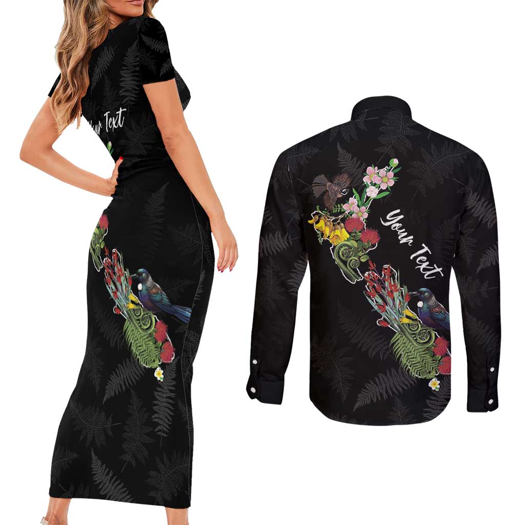 Kia Ora New Zealand Floral Personalized Couples Matching Short Sleeve Bodycon Dress and Long Sleeve Button Shirt Black - Polynesian Pride