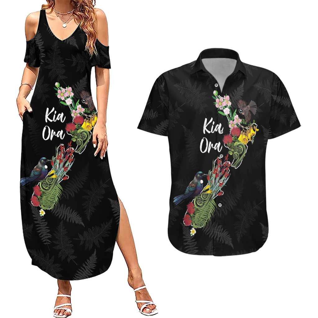 Kia Ora New Zealand Floral Personalized Couples Matching Summer Maxi Dress and Hawaiian Shirt Black - Polynesian Pride