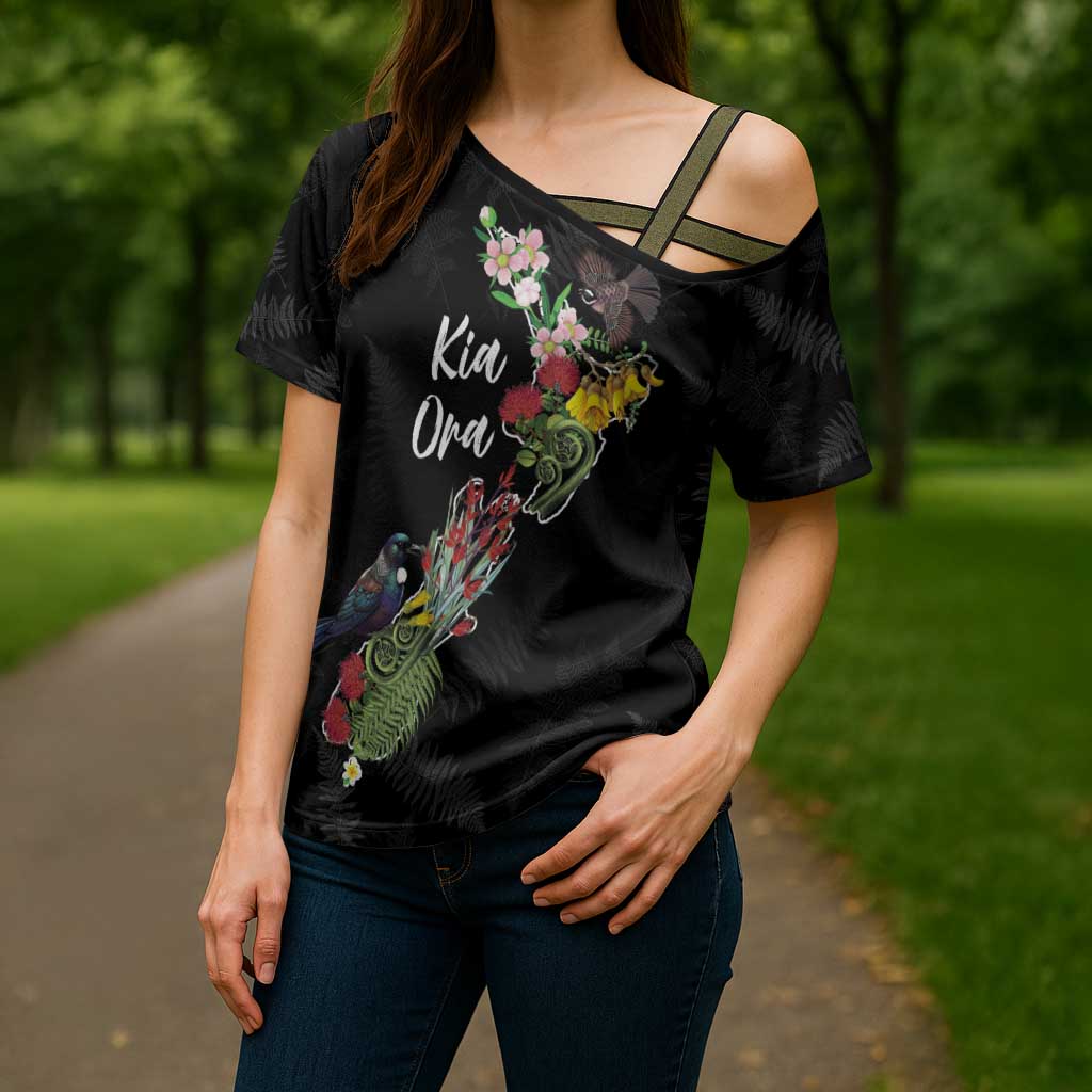 Kia Ora New Zealand Floral Personalized Cross Shoulder Shirt Black - Polynesian Pride
