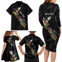Kia Ora New Zealand Floral Personalized Family Matching Long Sleeve Bodycon Dress and Hawaiian Shirt Black - Polynesian Pride