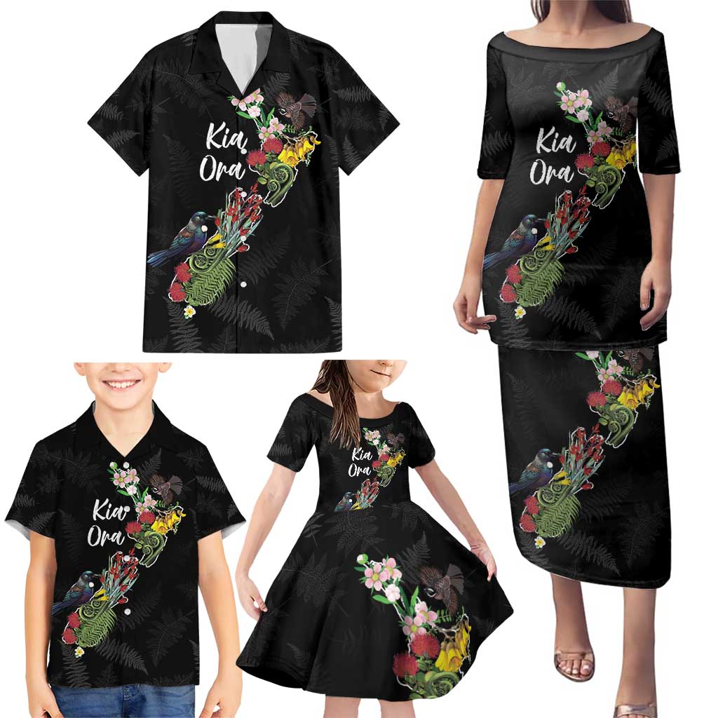 Kia Ora New Zealand Floral Personalized Family Matching Puletasi and Hawaiian Shirt Black - Polynesian Pride