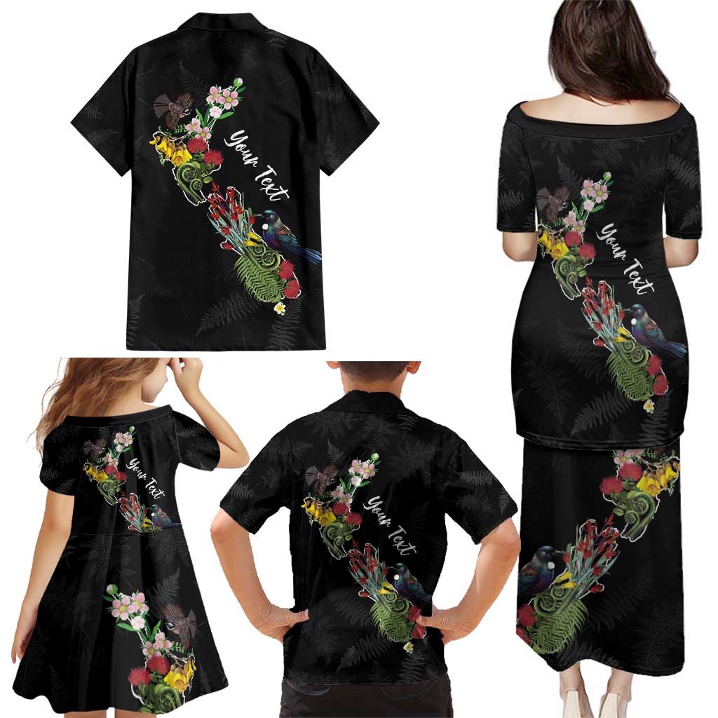 Kia Ora New Zealand Floral Personalized Family Matching Puletasi and Hawaiian Shirt Black - Polynesian Pride