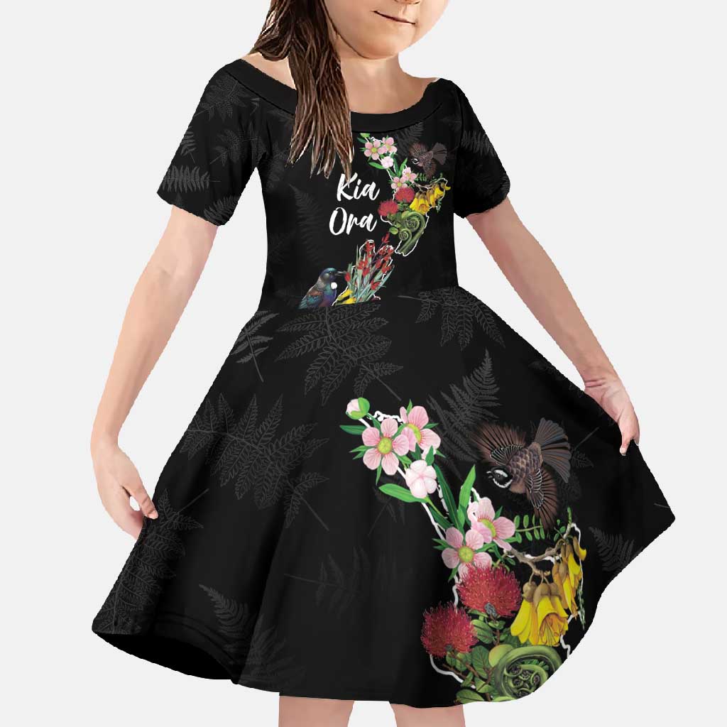 Kia Ora New Zealand Floral Personalized Family Matching Short Sleeve Bodycon Dress and Hawaiian Shirt Black - Polynesian Pride