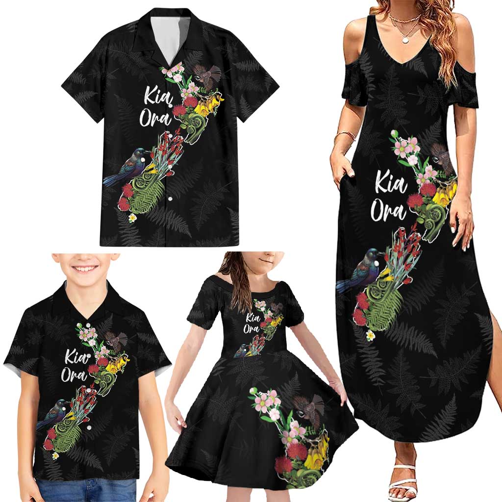 Kia Ora New Zealand Floral Personalized Family Matching Summer Maxi Dress and Hawaiian Shirt Black - Polynesian Pride