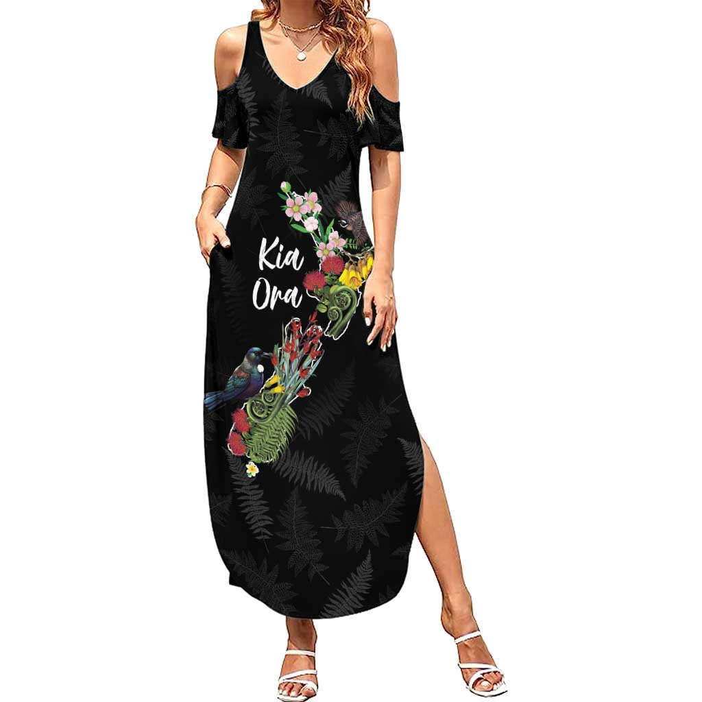 Kia Ora New Zealand Floral Personalized Family Matching Summer Maxi Dress and Hawaiian Shirt Black - Polynesian Pride
