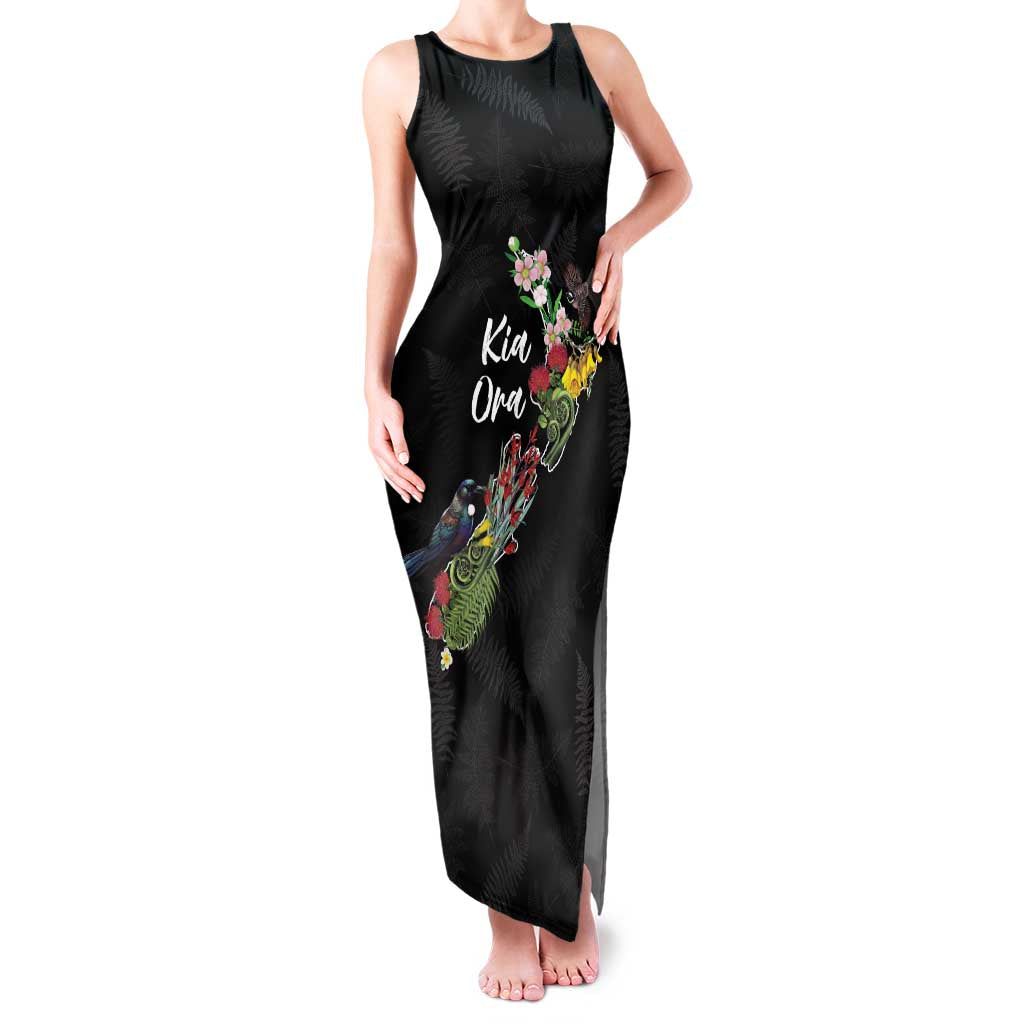 Kia Ora New Zealand Floral Personalized Family Matching Tank Maxi Dress and Hawaiian Shirt Black - Polynesian Pride