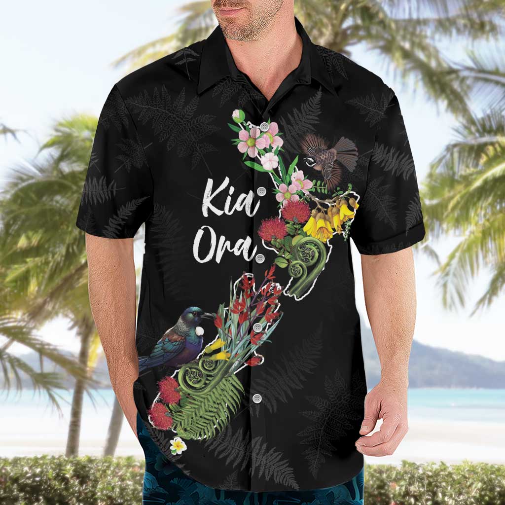 Kia Ora New Zealand Floral Personalized Hawaiian Shirt Black - Polynesian Pride
