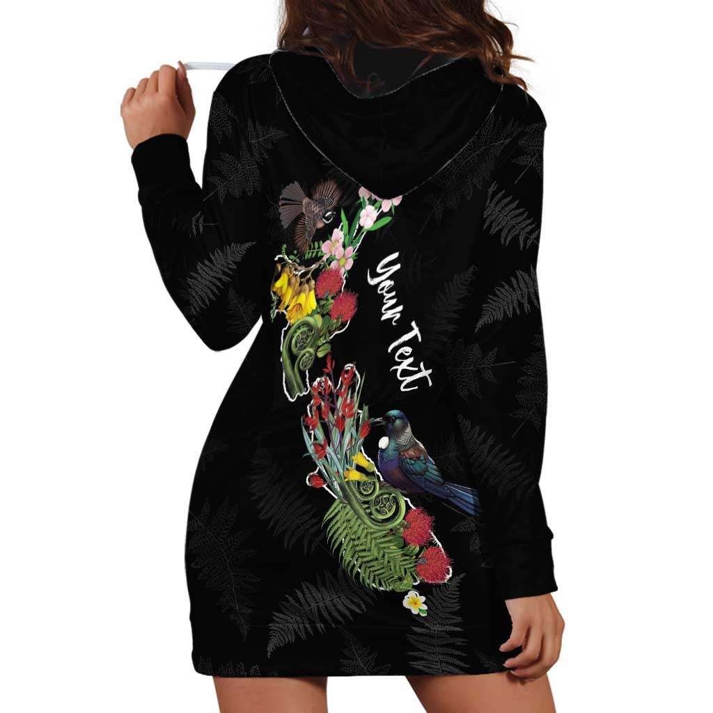 Kia Ora New Zealand Floral Personalized Hoodie Dress Black - Polynesian Pride
