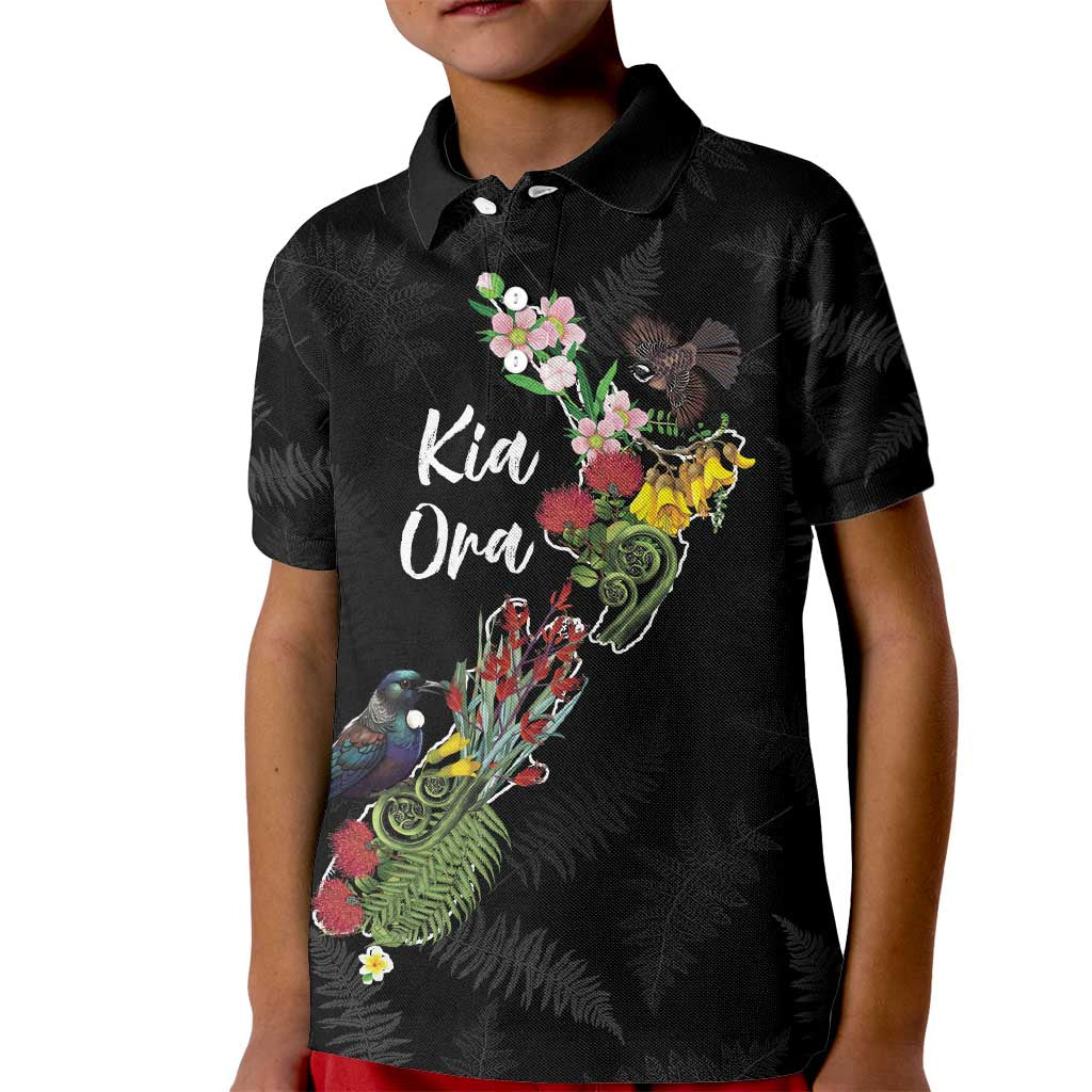 Kia Ora New Zealand Floral Personalized Kid Polo Shirt Black - Polynesian Pride