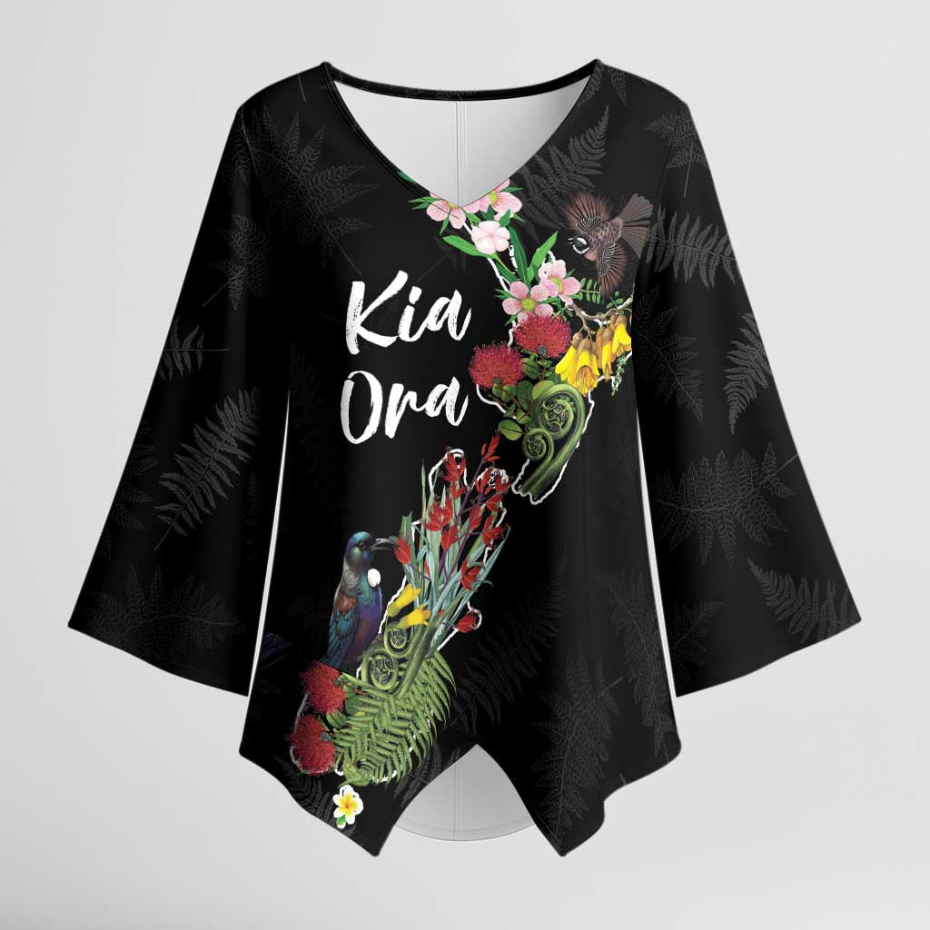 Kia Ora New Zealand Floral Personalized Kimono Sleeve Blouse Black - Polynesian Pride