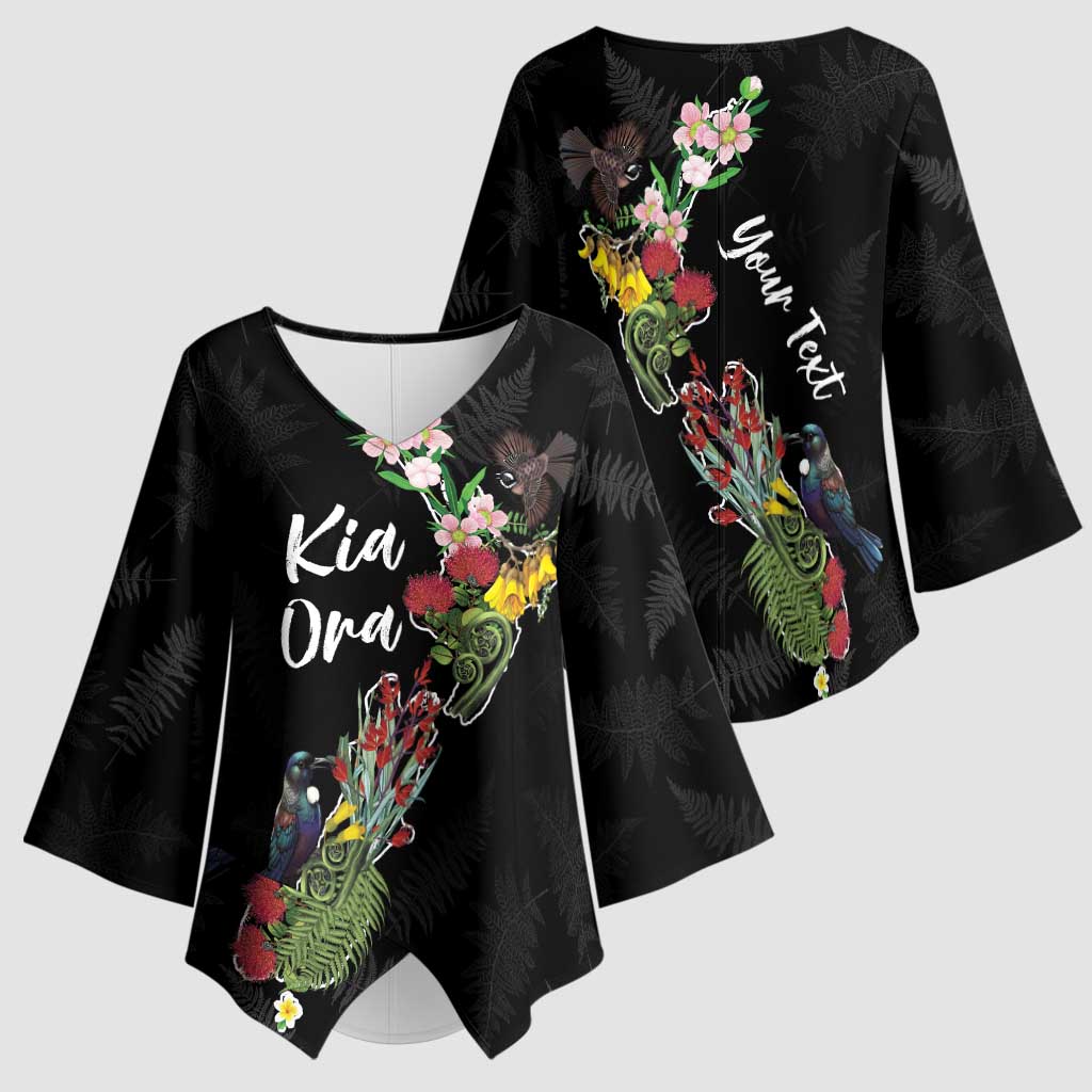 Kia Ora New Zealand Floral Personalized Kimono Sleeve Blouse Black - Polynesian Pride