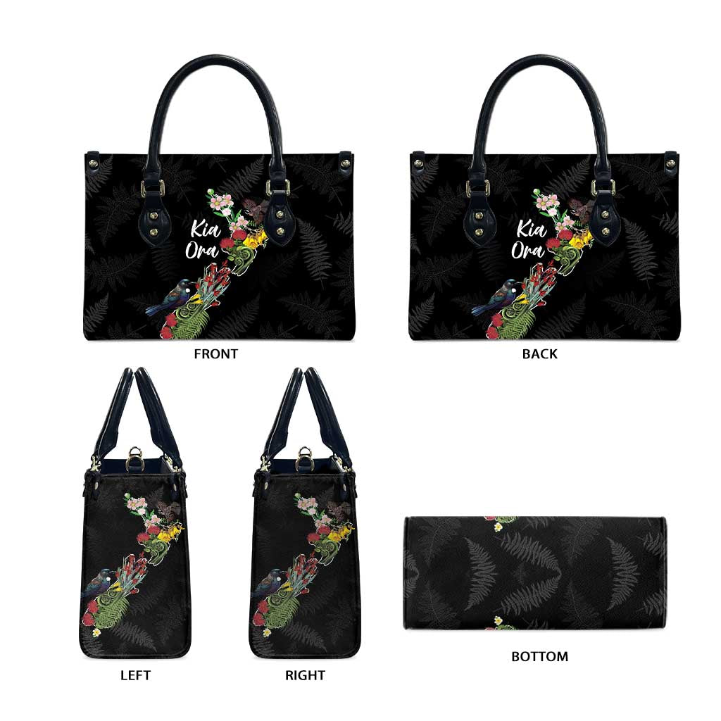 Kia Ora New Zealand Floral Leather Bag Black - Polynesian Pride