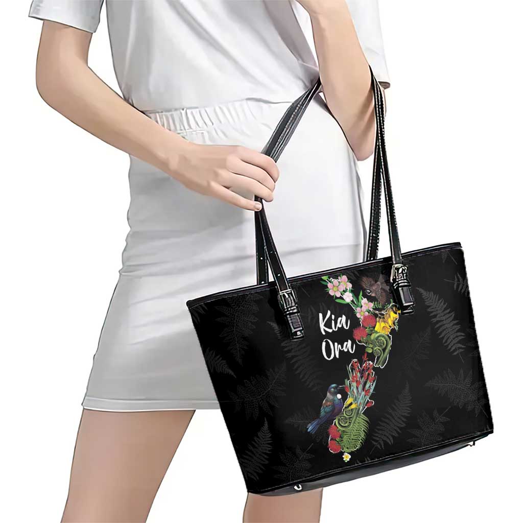 Kia Ora New Zealand Floral Leather Tote Bag Black - Polynesian Pride