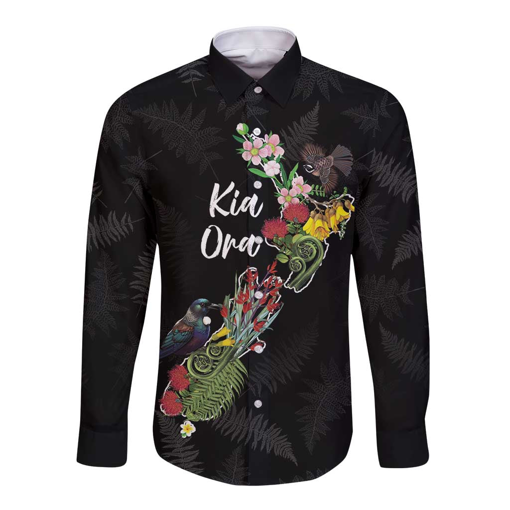 Kia Ora New Zealand Floral Personalized Long Sleeve Button Shirt Black - Polynesian Pride