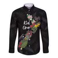 Kia Ora New Zealand Floral Personalized Long Sleeve Button Shirt Black - Polynesian Pride
