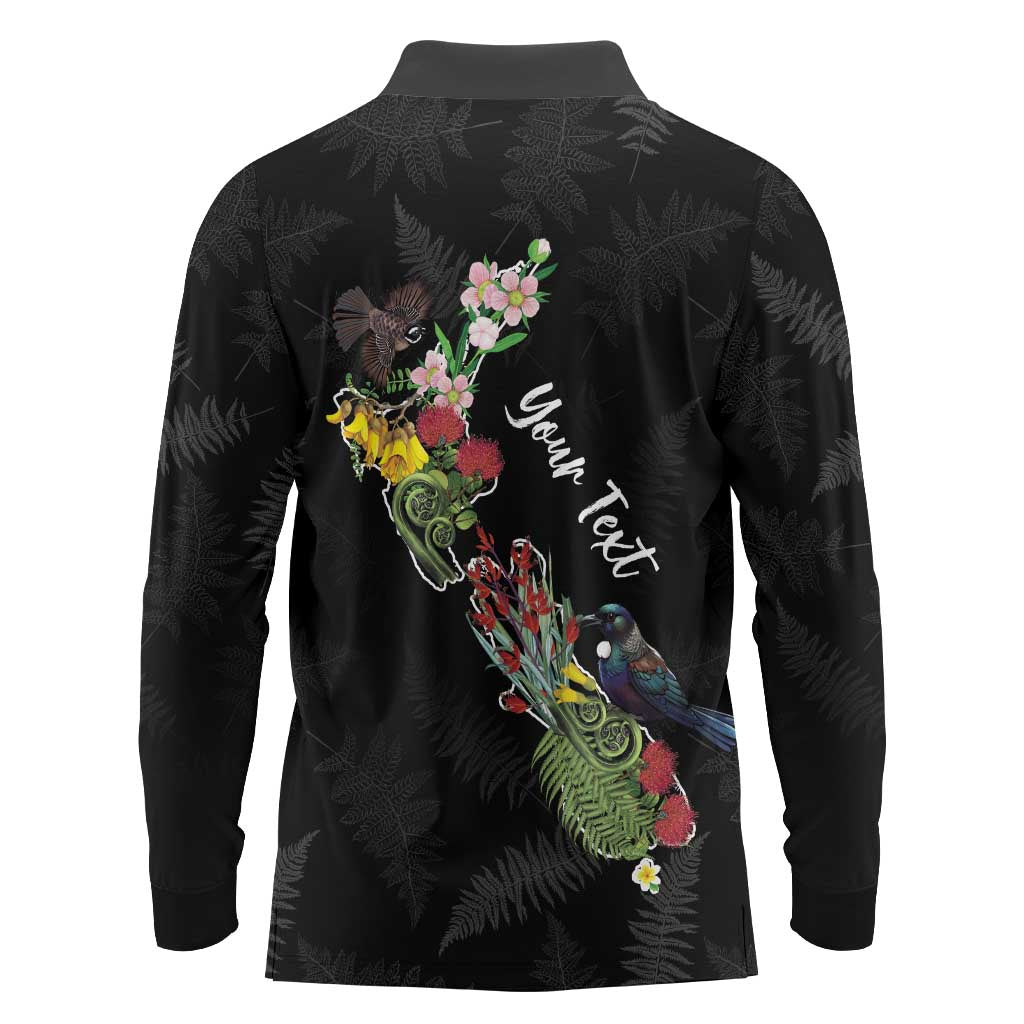 Kia Ora New Zealand Floral Personalized Long Sleeve Polo Shirt Black - Polynesian Pride