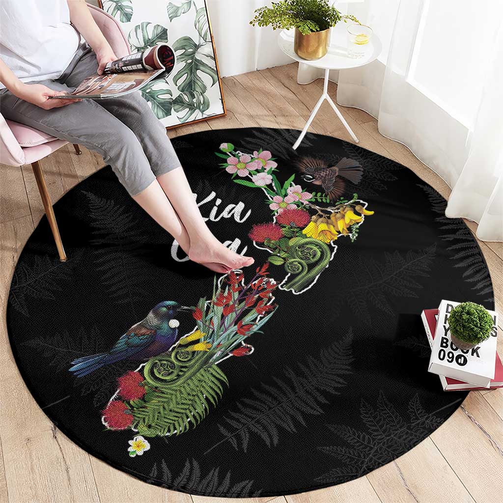 Kia Ora New Zealand Floral Round Carpet Black - Polynesian Pride