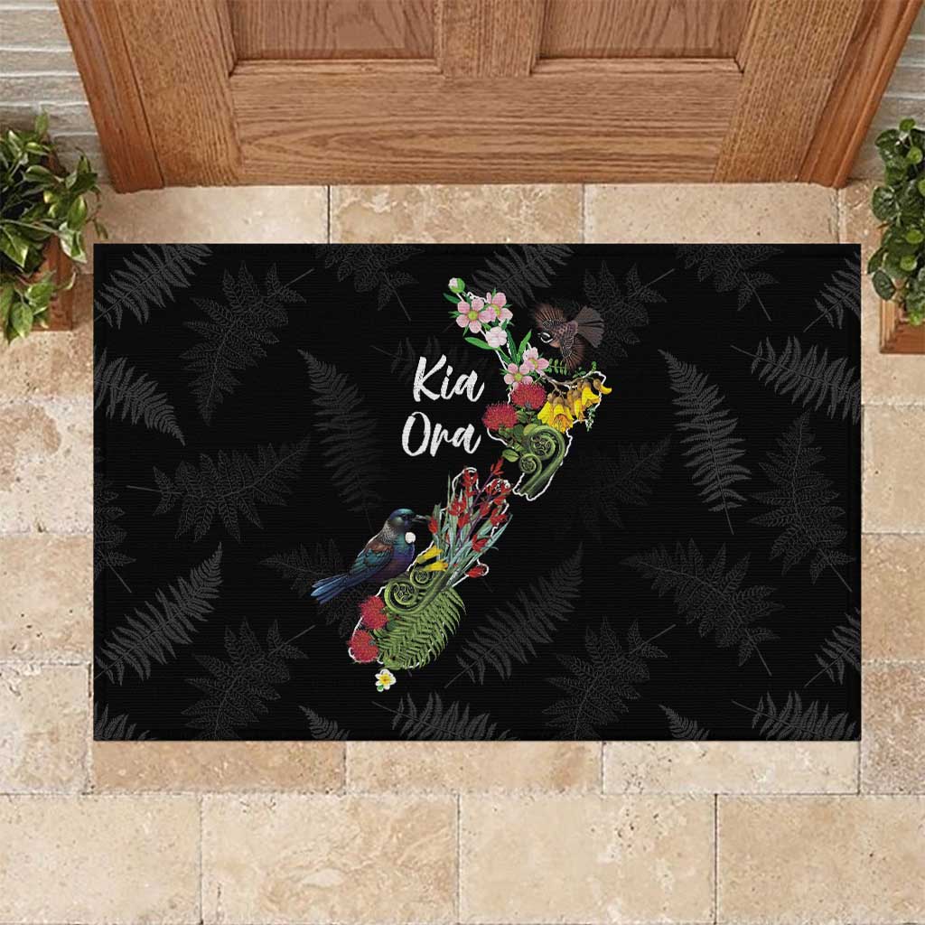 Kia Ora New Zealand Floral Rubber Doormat Black - Polynesian Pride